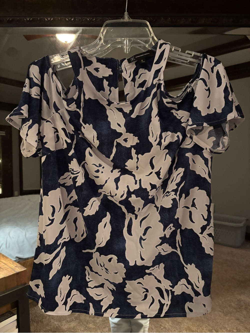 INC International Concepts Navy and White Cold-Shoulder Floral Top